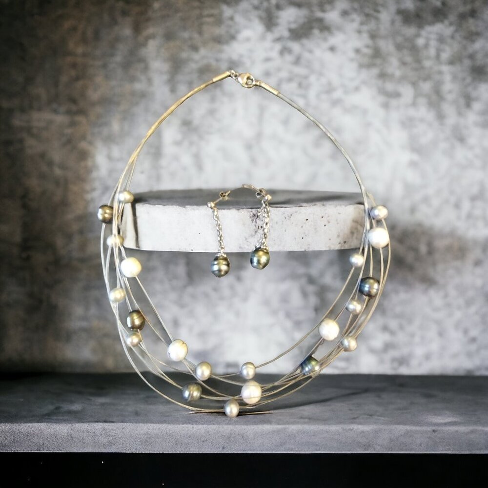 Sterling silver multi strand pearls necklace and earring set